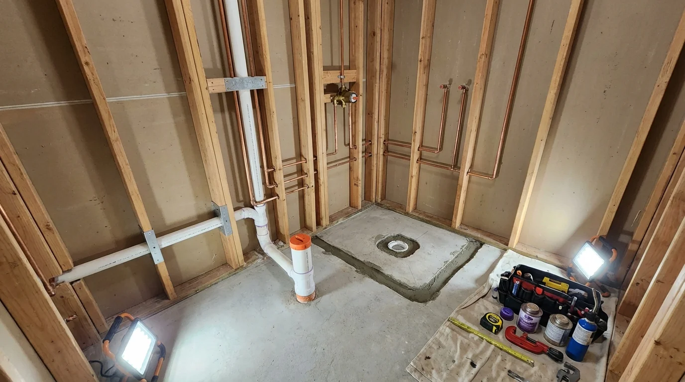 Bathroom rough-in plumbing during remodel by Johns Plumbing LLC in South Dennis