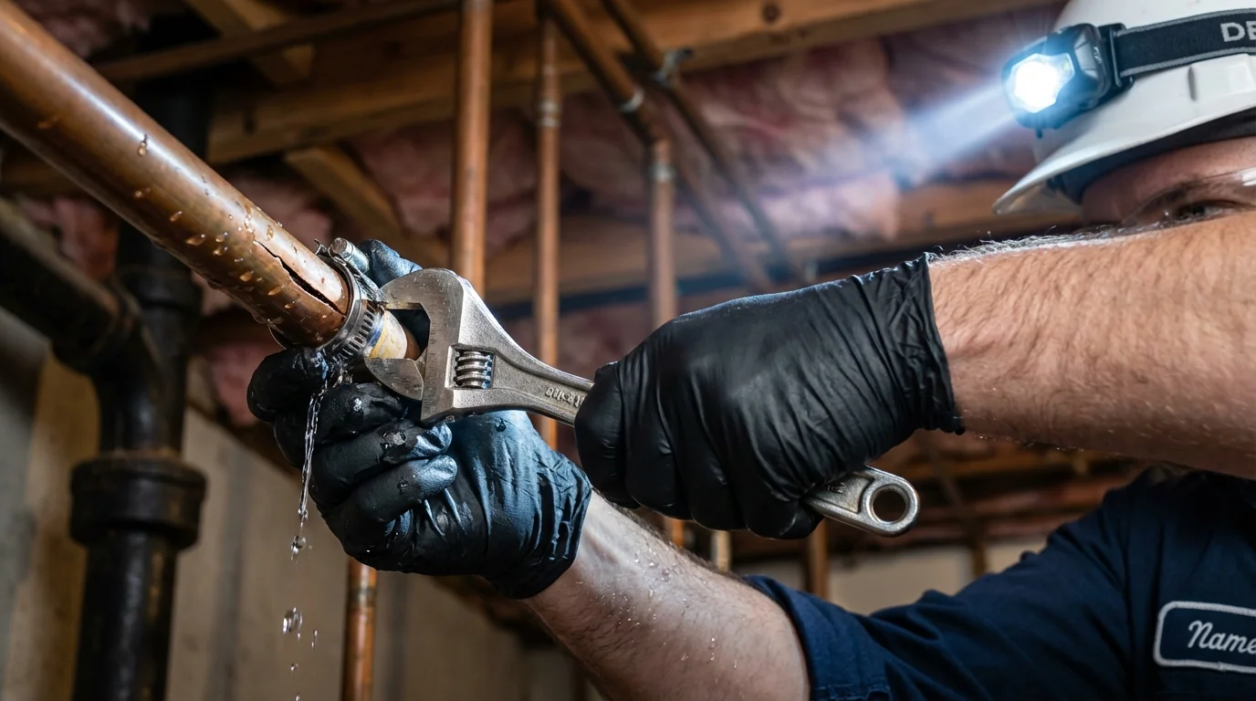 Emergency pipe clamp repair being performed by a Johns Plumbing LLC plumber in South Dennis