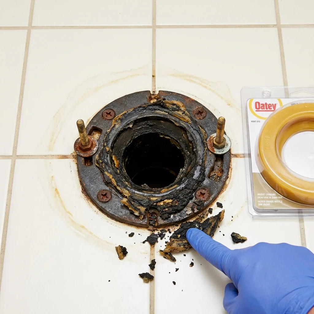 Failed wax ring showing water seepage at the base of a toilet in a South Dennis, MA home