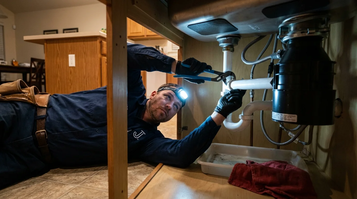 P-trap and supply line connections under a kitchen sink showing a common leak point in South Dennis, MA
